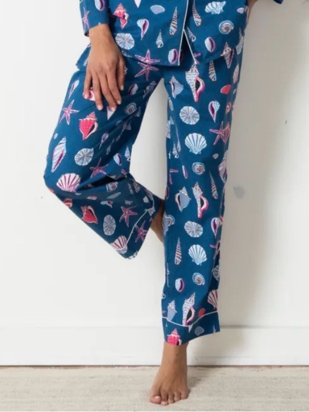 Print Fresh Organic Cotton Pajama Pants Womens M Shoreline Seashells Blue Poplin